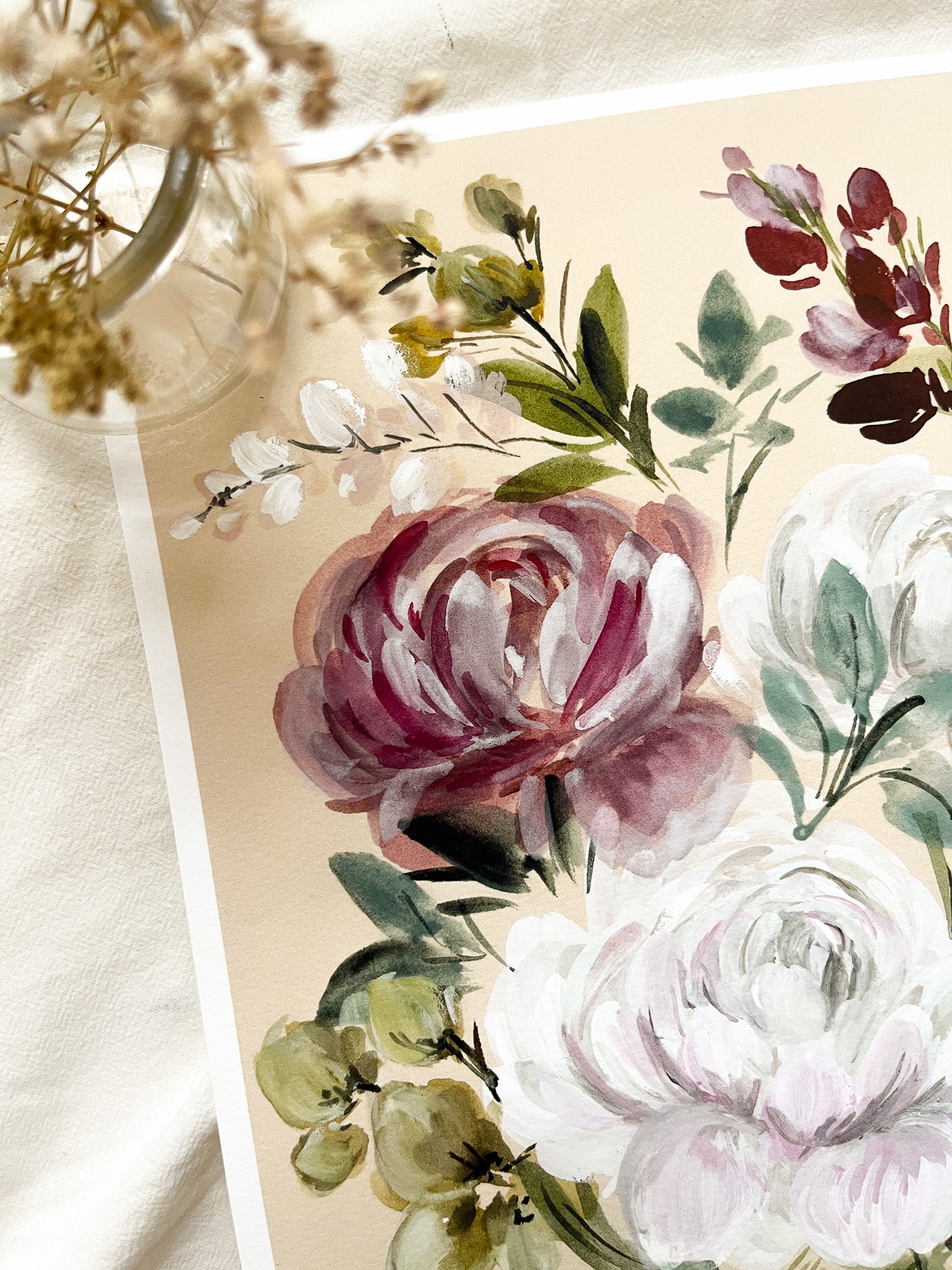 Floral painting with pink and white flowers on a beige background