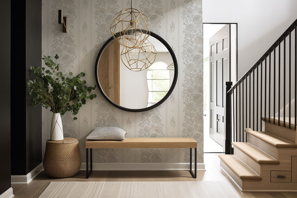Wallpaper mock up of foyer with vertical pattern from Trisha Patel collection